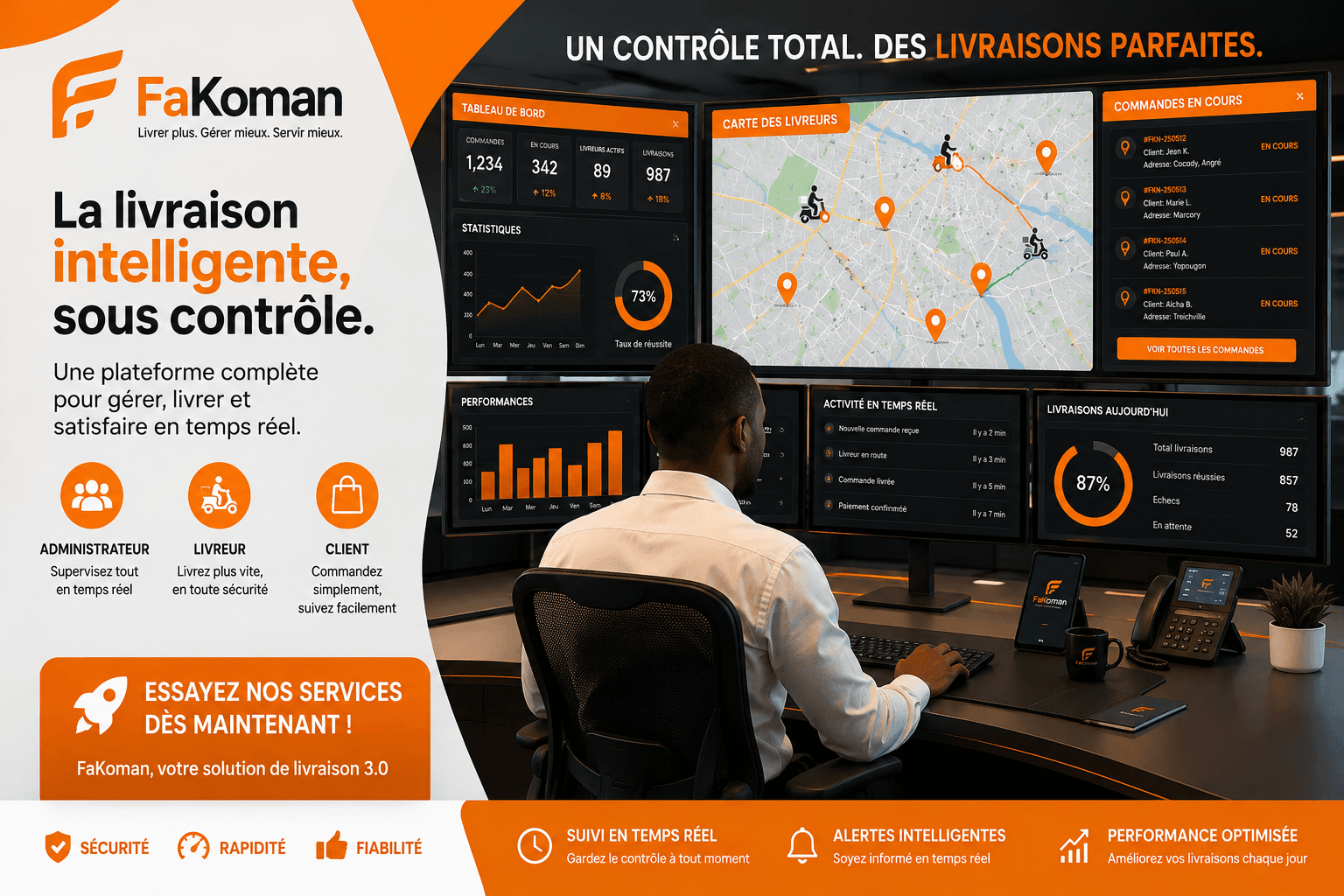 Centre de contrôle FaKo Man avec carte des livreurs, commandes et statistiques en temps réel